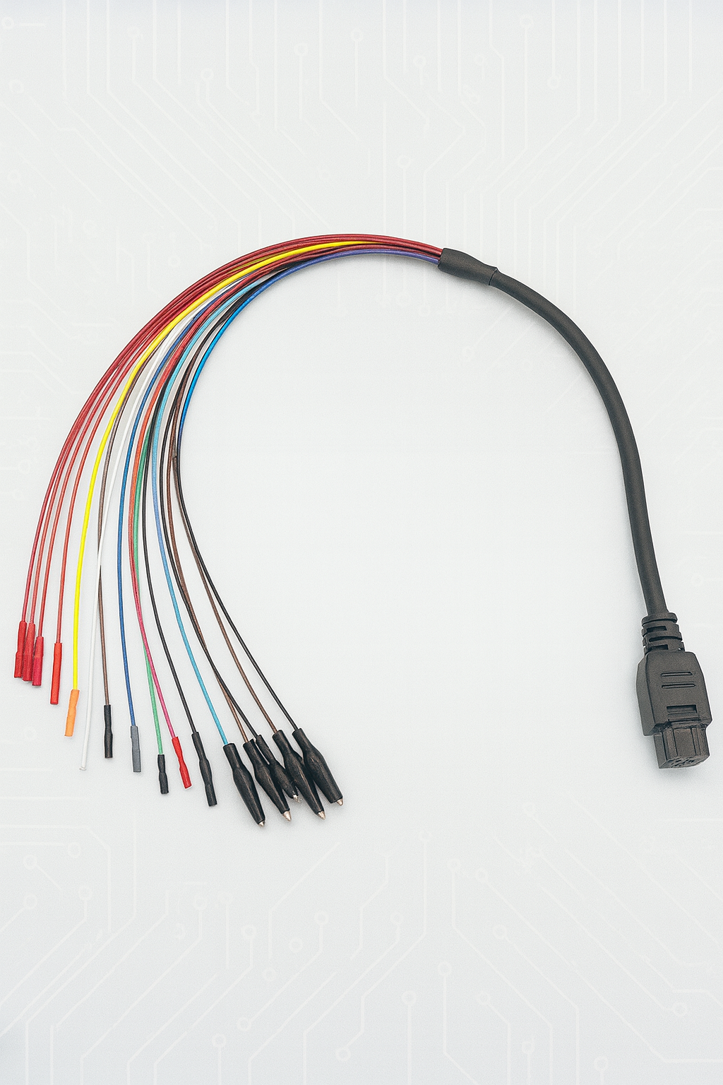 breakout cable with a black connector on the right and multiple multicolored wires fanned out to the left, ending in alligator clips and pin connectors, displayed against a light gray circuit board patterned background
