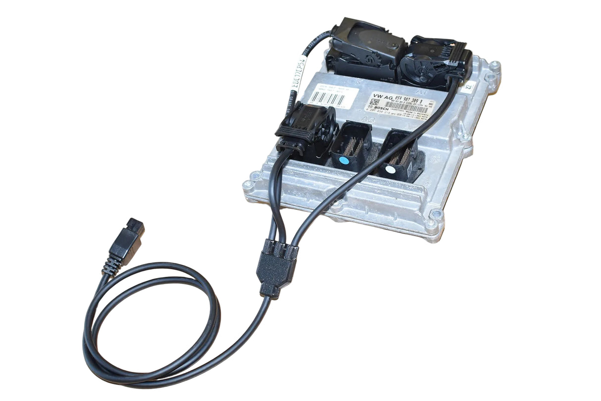 VW/Audi Bosch EDC17CP54 ECU Bench Programming remapping cable connected to ECM ECU