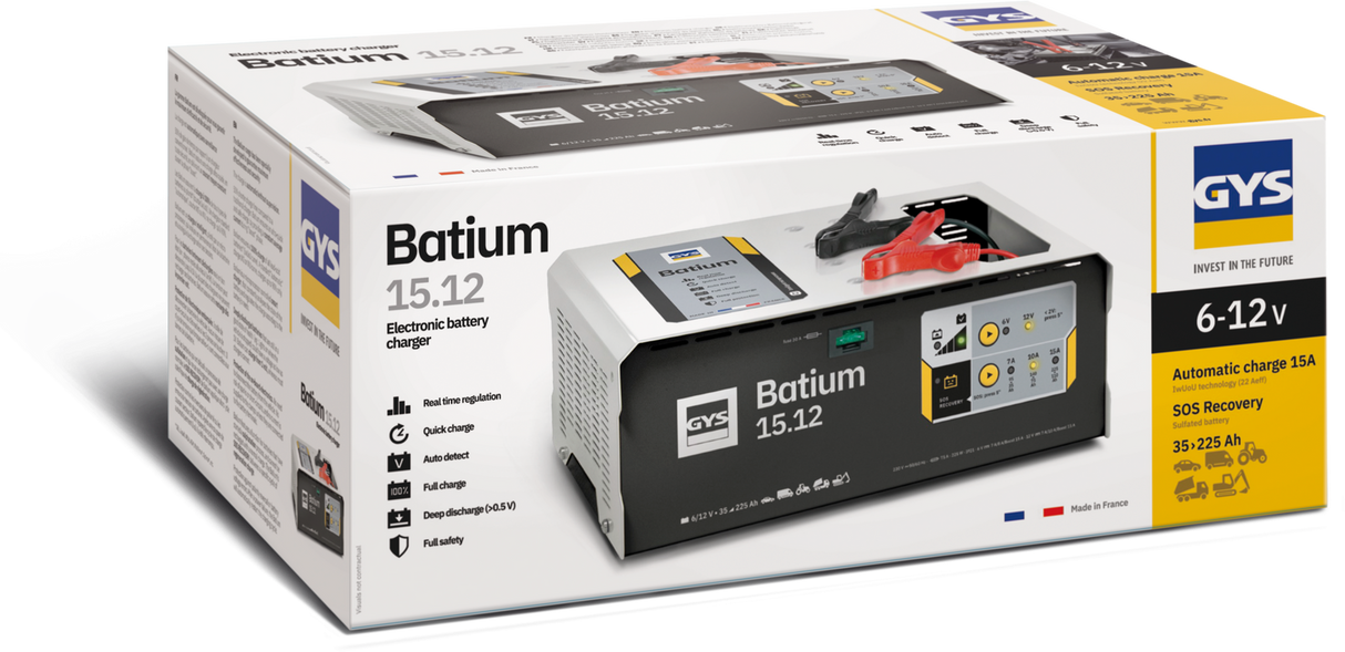 GYS Batium 15.12 automatic charger connected safely to a 12V car battery without disconnecting the vehicle terminals.