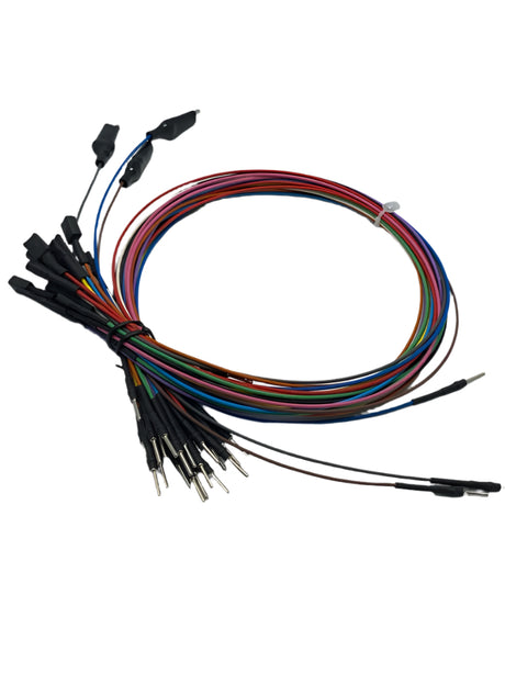 Set of multicolored wires with connectors on a light gray background