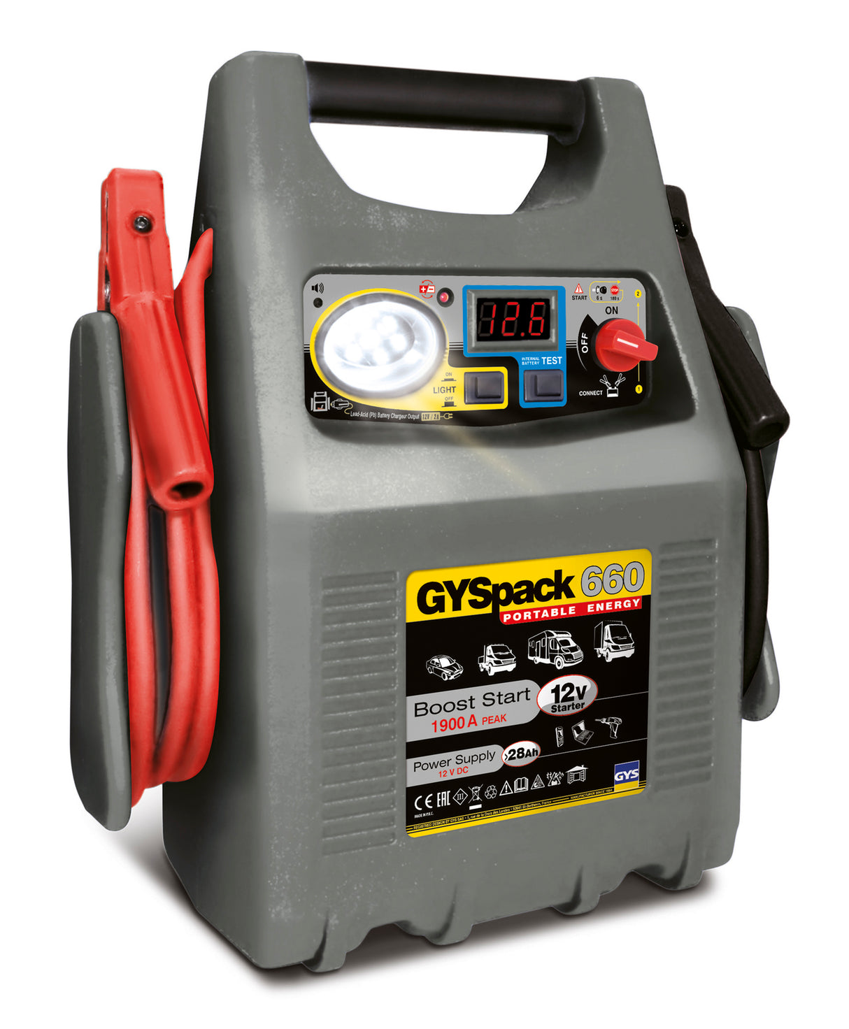 GYSpack 660 jump starter with display and cables on a white background