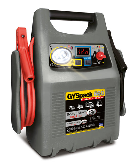 GYSpack 660 jump starter with display and cables on a white background
