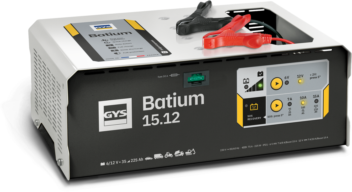 Front view of the GYS 024632 Batium 15.12 smart battery charger showing the 6V and 12V interface panels and control buttons.