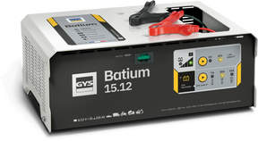 Front view of the GYS 024632 Batium 15.12 smart battery charger showing the 6V and 12V interface panels and control buttons.