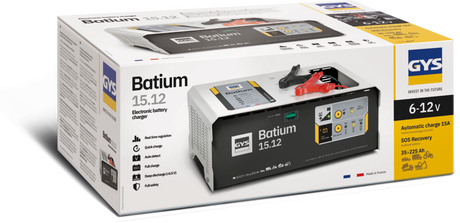 GYS Batium 15.12 automatic charger connected safely to a 12V car battery without disconnecting the vehicle terminals.