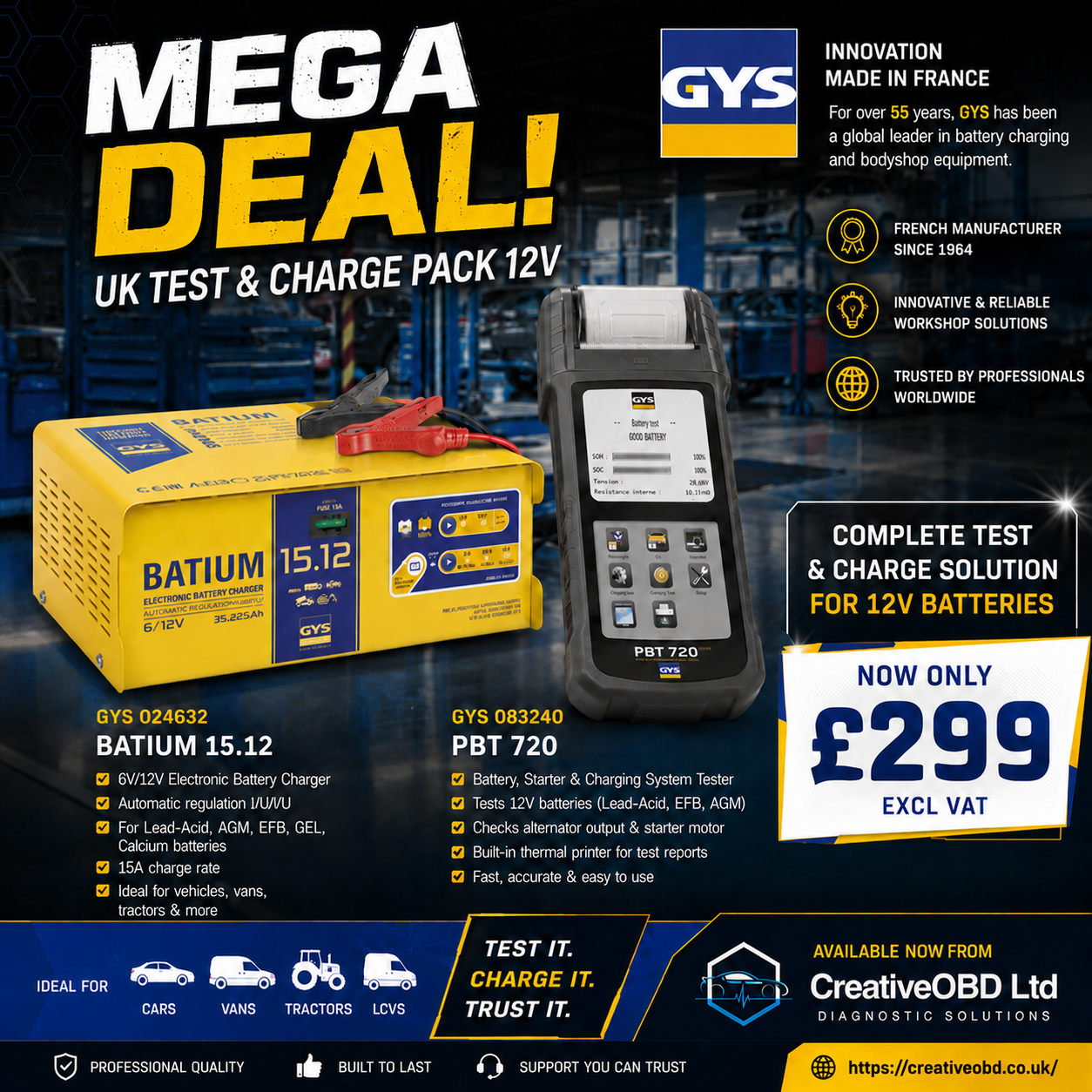 GYS UK Test & Charge Pack 12V – BATIUM 15.12 + PBT 720

