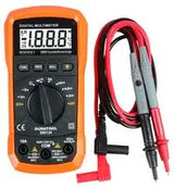 Compact autoranging digital multimeter with test leads and manual