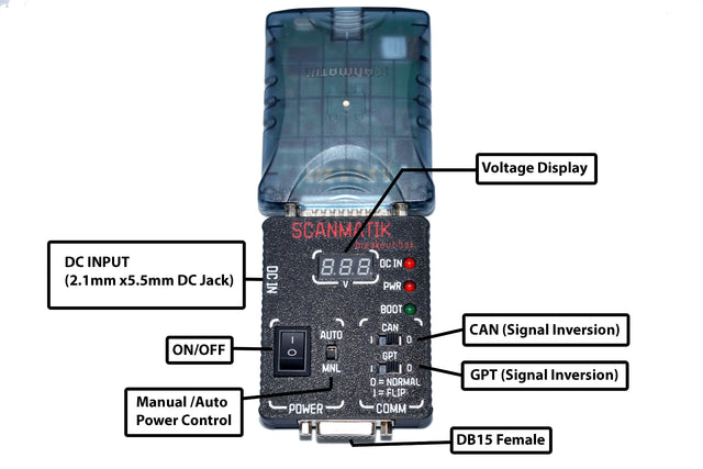 Scanmatik device with labeled ports and features on a white background