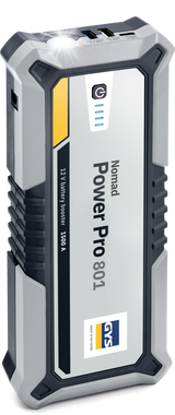  GYS Nomad Power Pro 801 portable lithium jump starter and power bank showing interface ports and LED status lights.