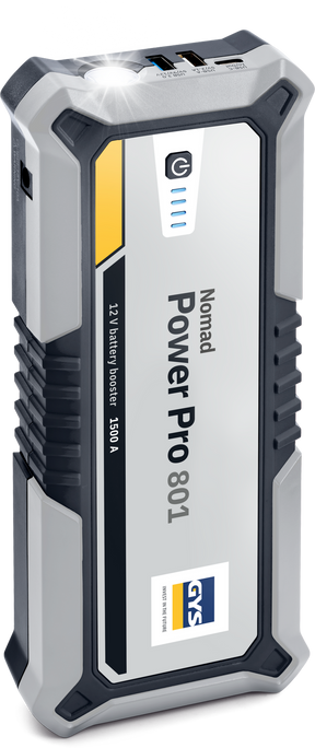  GYS Nomad Power Pro 801 portable lithium jump starter and power bank showing interface ports and LED status lights.