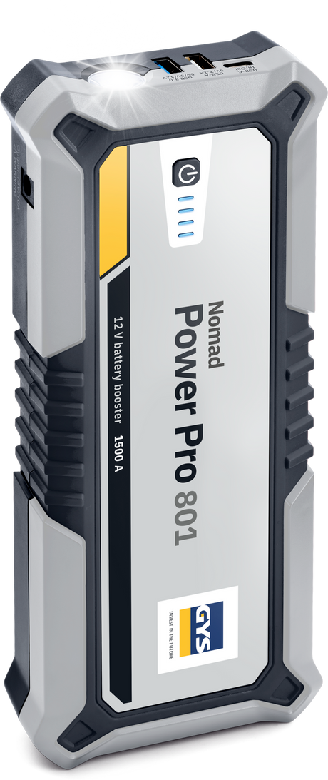  GYS Nomad Power Pro 801 portable lithium jump starter and power bank showing interface ports and LED status lights.