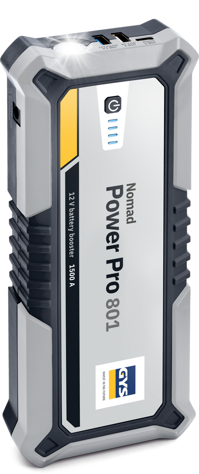  GYS Nomad Power Pro 801 portable lithium jump starter and power bank showing interface ports and LED status lights.