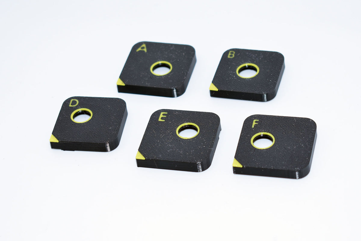 Korhex positioning mask set containing masks A, B, D, E and F; Mask C is not included